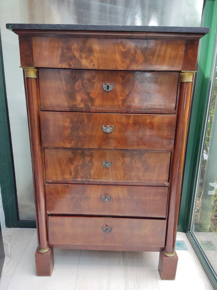 Illustration de Meuble ancien style Empire acajou h:142 p:45 l:85cm 6 tiroirs