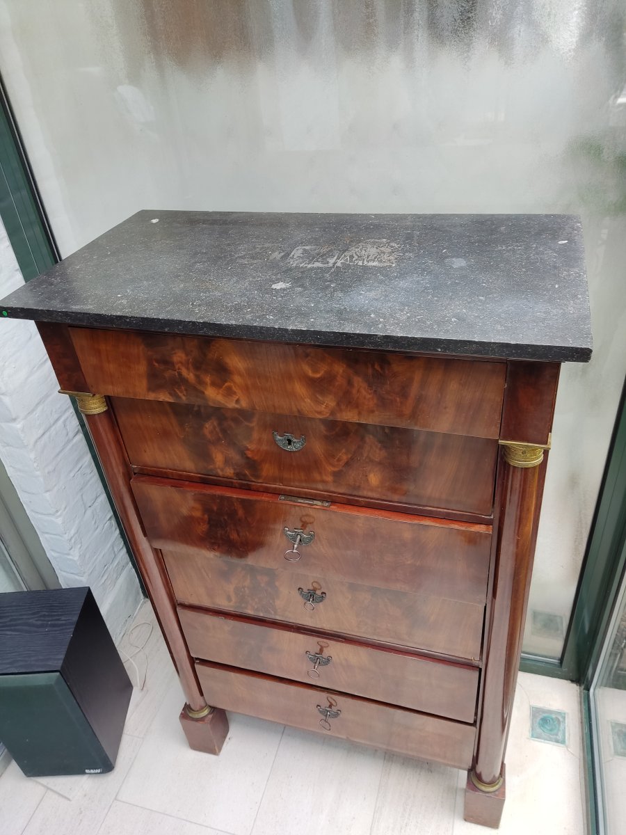 Illustration de Meuble ancien style Empire acajou h:142 p:45 l:85cm 6 tiroirs